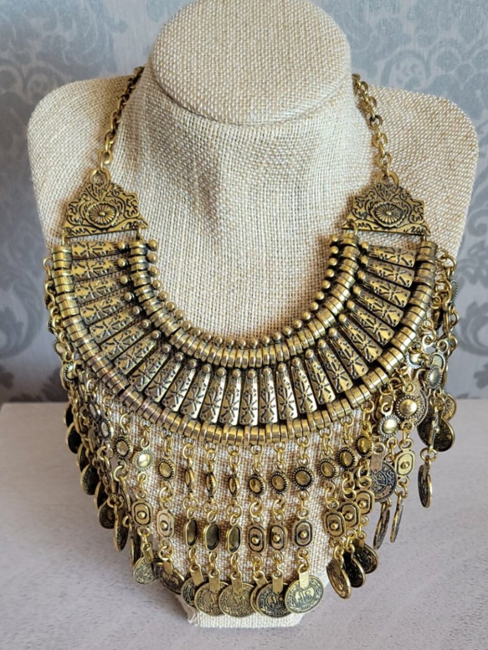 Tribal Gold Tone Coin Statement Necklace Choker Boho Festival